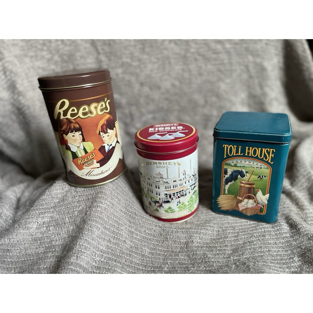 Vintage Chocolate Baking Candy Tin Lot 3 Reese's Hershey's Kisses Nestle